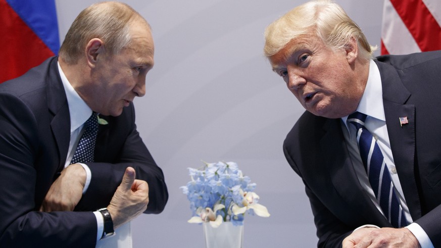 FILE - In this July 7, 2017, file photo, President Donald Trump meets with Russian President Vladimir Putin at the G-20 Summit in Hamburg. Trump signed on Aug. 2, what he called a &quot;seriously flaw ...