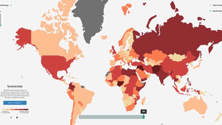Der Terrorismus-Index zeigt, wo auf der Erde die Terrorgefahr am höchsten ist. Je dunkler die Farbe, umso schlimmer ist die Lage