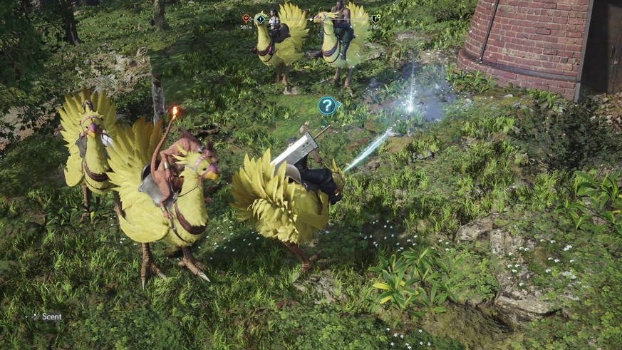 Auf einem Chocobo reitend, reist es sich schneller. Die vier Begleiter tun es automatisch gleich. Ausserhalb von Kämpfen sind in den offenen Zonen immer alle sichtbar.