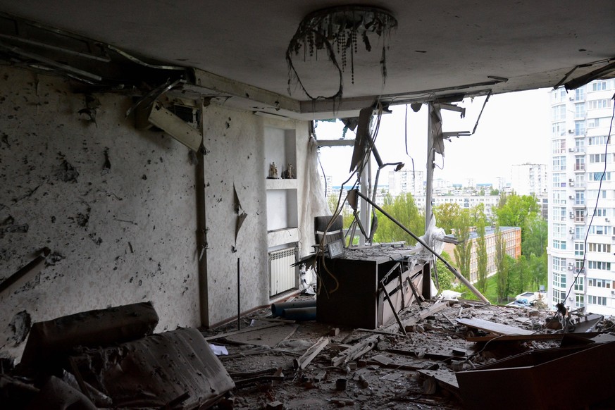 May 8, 2023, Kiev, Ukraine: View of an apartment damaged from the center in a residential building in Kiev due to a Russian military strike by Iranian-made Shahed-136 drones.  Russia attacked Ukraine...