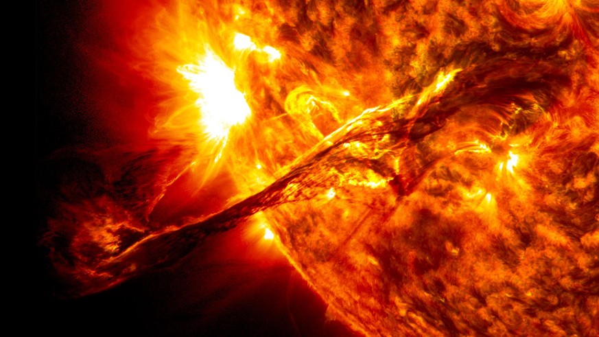 A solar prominence erupts in August 2012, as captured by SDO
https://en.wikipedia.org/wiki/Sun#/media/File:Giant_prominence_on_the_sun_erupted.jpg