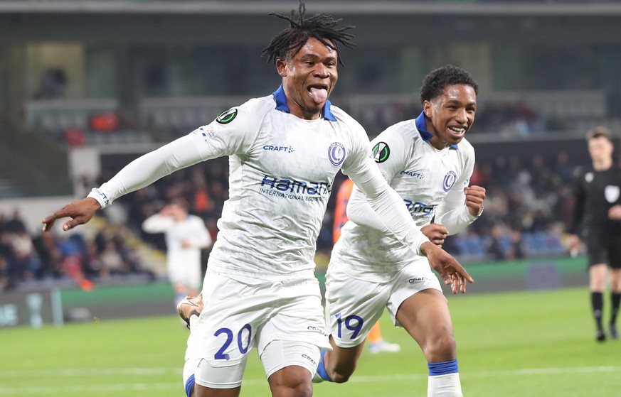 epa10524632 KAA Gent&#039;s Gift Orban (L) celebrates with team mate Malick Fofana after scoring the his second goal during the UEFA Conference League round of 16 second leg soccer match between Istan ...