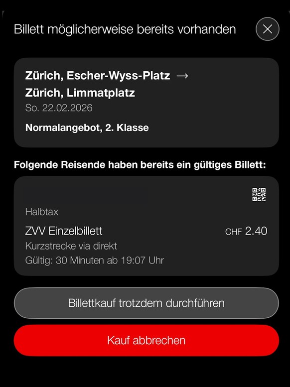 Doppelkauf bei der SBB Hinweis in der App