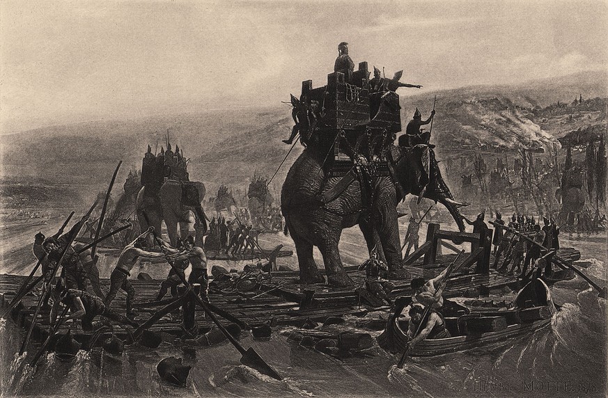 Hannibals Kriegselefanten überqueren die Rhone: Gemälde von Henri Motte, 1878.<br data-editable="remove">