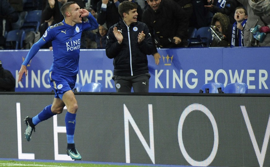 Leicester&#039;s Jamie Vardy celebrates after scoring during the English Premier League soccer match between Leicester City and Tottenham Hotspur at the King Power Stadium in Leicester, England, Tuesd ...