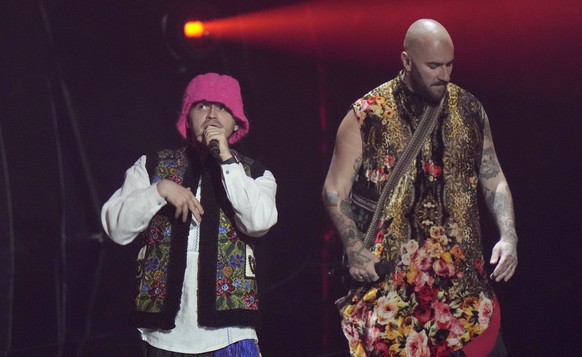 Kalush Orchestra from Ukraine singing Stefania performs during rehearsals at the Eurovision Song Contest in Turin, Italy, Monday, May 9, 2022. (AP Photo/Luca Bruno)