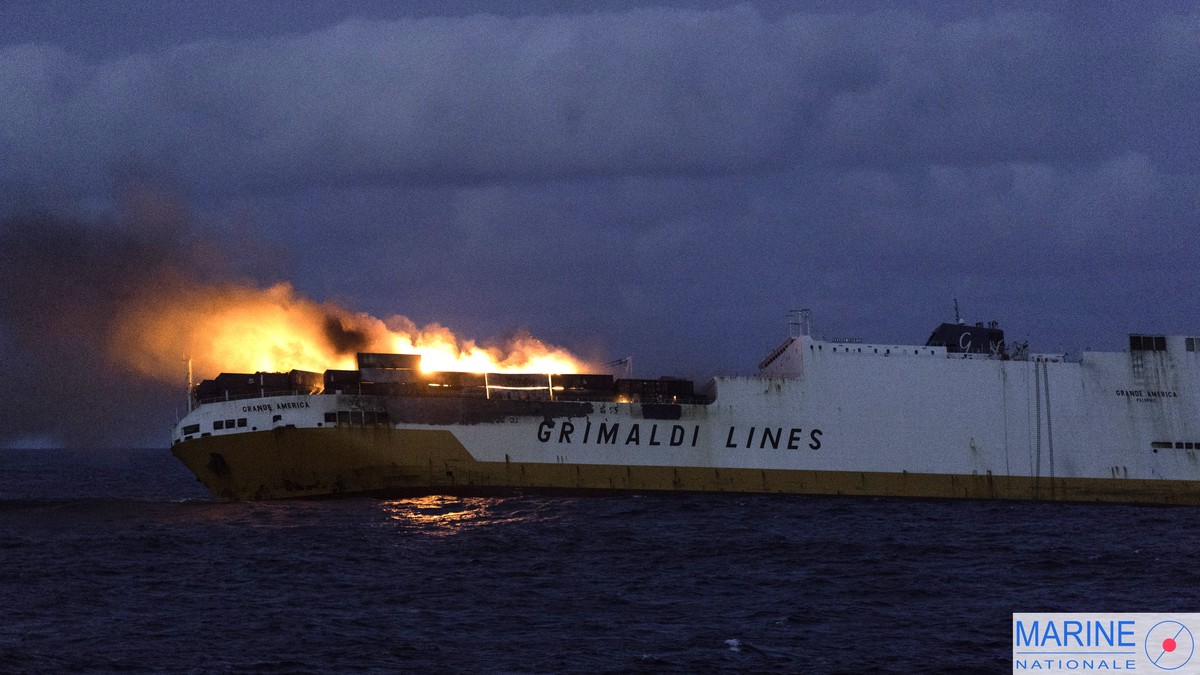 epa07431737 A handout photo made available by the Information Division of the French Maritime Prefecture of Atlantic on 12 March 2019 shows Italian ship 'Grande America' of the Grimaldi Grou ...