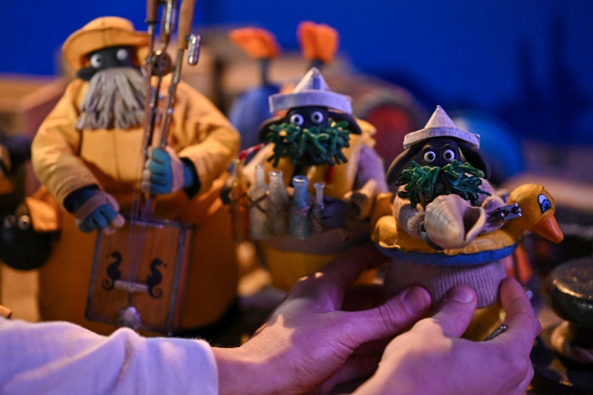This photo taken on March 4, 2026 shows models for 'Shaun the Sheep: The Beast of Mossy Bottom' at Aardman Animations studios in Bristol, western England. In the basement of the Bristol-base ...
