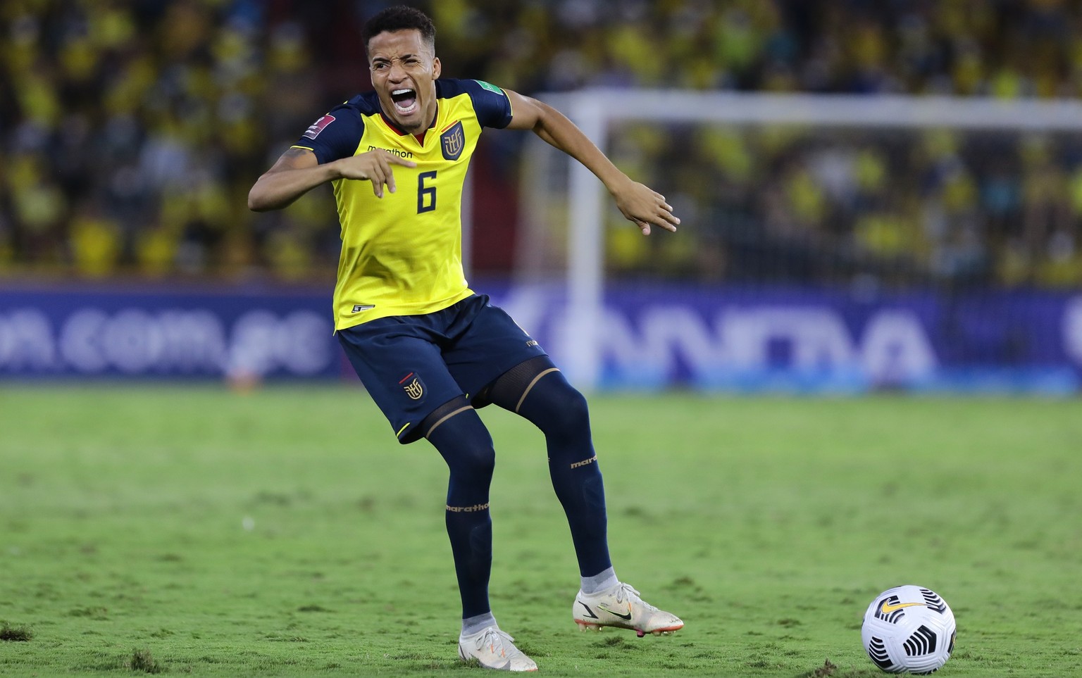 Ecuador&#039;s Byron Castillo grimaces after getting injured during a qualifying soccer match against Bolivia for the FIFA World Cup Qatar 2022 in Guayaquil, Ecuador, Thursday, Oct.7, 2021. (Franklin  ...