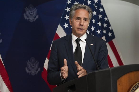 U.S. Secretary of State Antony Blinken gives a press conference at the end of his one-day visit to Haiti, at the Toussaint Louverture International Airport in Port-au-Prince, Haiti, Thursday, Sept. 5, ...
