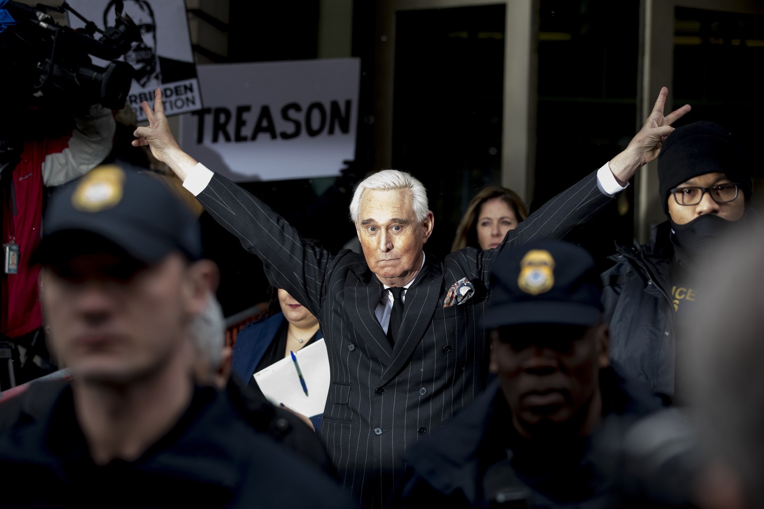 Roger Stone leaves federal court Friday, Feb. 1, 2019, in Washington. Stone appeared for a status conference just three days after he pleaded not guilty to felony charges of witness tampering, obstruc ...