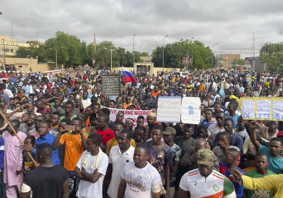 FILE - Supporters of Niger&#039;s ruling junta, gather for a protest called to fight for the country&#039;s freedom and push back against foreign interference, in Niamey, Niger, Thursday, Aug. 3, 2023 ...