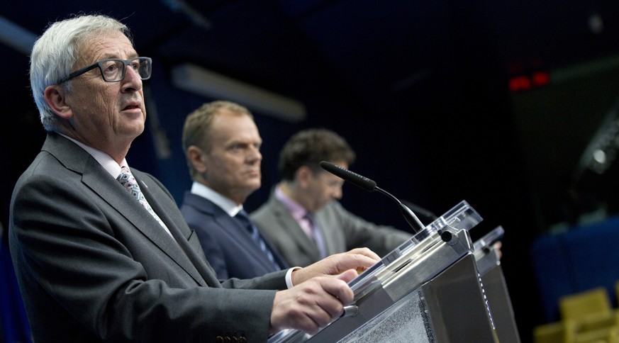 Jean-Claude Juncker, Donald Tusk und Jeroen Dijsselbloem an der Pressekonferenz in Brüssel.