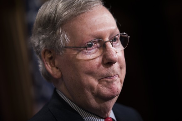 epa05800139 Republican Majority Leader from Kentucky Mitch McConnell speaks to the media in the U.S. Capitol in Washington, DC, USA, 17 February 2017. McConnell spoke about the Pruitt vote, repealing  ...