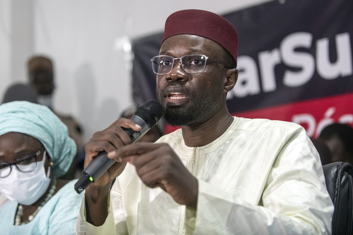 FILE - Senegalese opposition leader Ousmane Sonko addresses journalists following his release from police custody in Dakar, Senegal, on March 8, 2021. Sonko suffered a major setback in his quest to co ...
