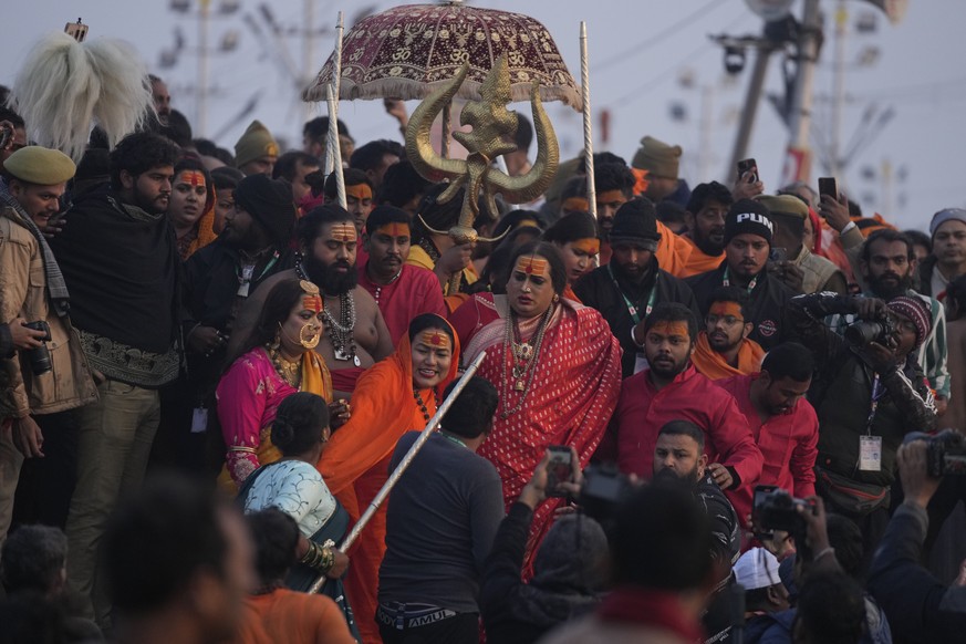 Laxmi Narayan Tripathi, transgender activist and chief of the Kinnar Akhara arrives take dips at Sangam, the confluence of three sacred rivers the Yamuna, the Ganges and the mythical Saraswati, on Vas ...