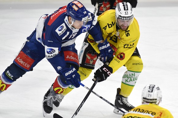 Der Zuercher Reto Schaeppi , links, gegen den Berner Luca Hischier, rechts, im zweiten Eishockey Playoff-Halbfinalspiel der National League zwischen den ZSC Lions und dem SC Bern im Hallenstadion in Z ...