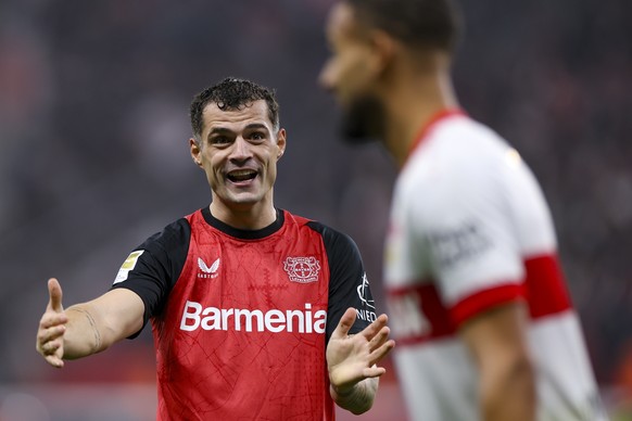 epa11696563 Granit Xhaka of Leverkusen reacts during the German Bundesliga soccer match between Bayer 04 Leverkusen and VfB Stuttgart in Leverkusen, Germany, 01 November 2024. EPA/CHRISTOPHER NEUNDORF ...