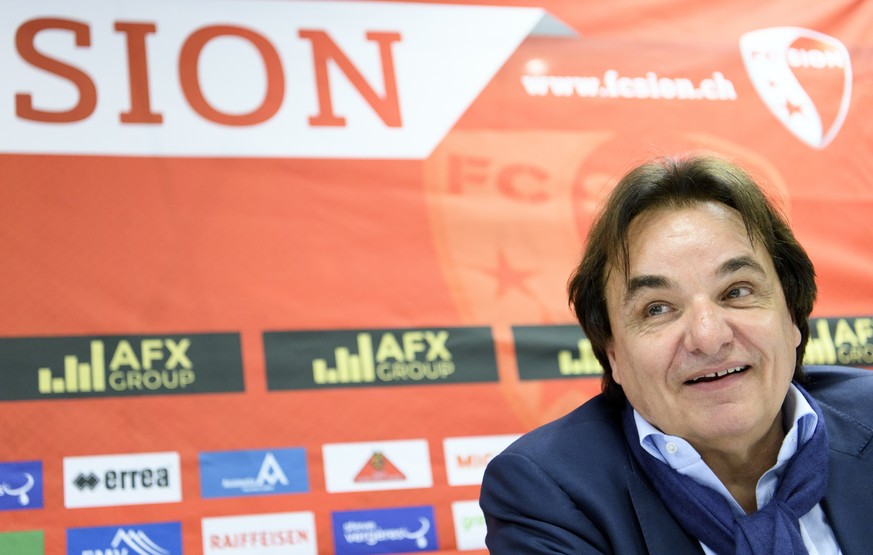 Le president du FC Sion Christian Constantin parle lors d&#039;une conference de presse du club de football de Super League FC Sion avant la finale de la Coupe Suisse ce lundi 22 mai 2017 a Martigny.  ...