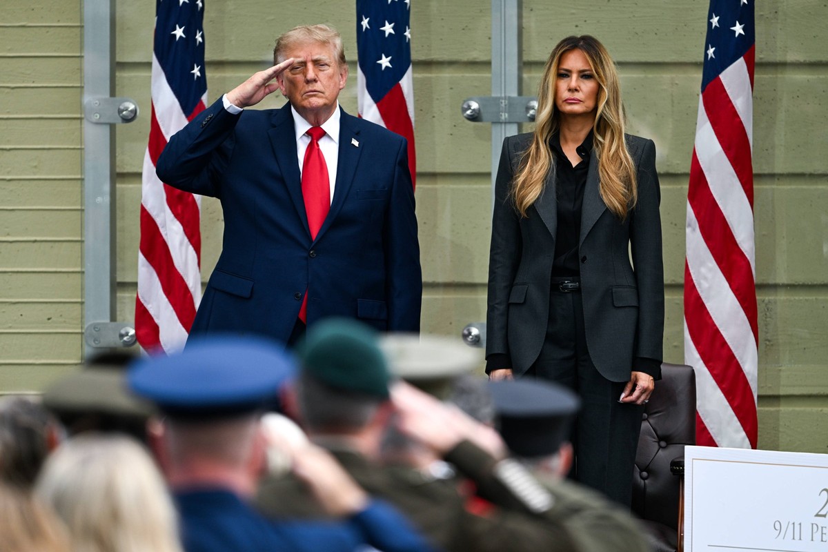 President Donald Trump and First Lady Melania Trump attend a memorial event to mark 25 years since the 9/11 terrorist attacks on the Pentagon in Arlington, Virginia on Friday, September 11, 2026. PUBL ...