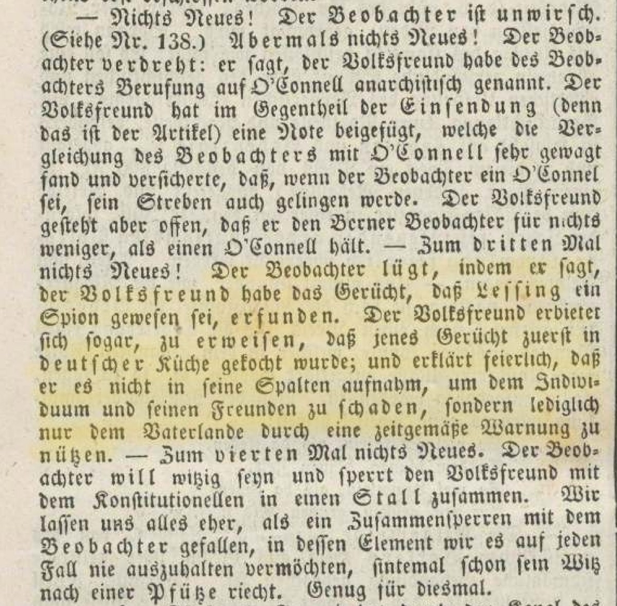 Stellungnahme des Berner Volksfreundes vom 19. November 1835 bezüglich der Bezeichnung Lessings als «Spion» (gelb hervorgehoben).
https://www.e-newspaperarchives.ch/?a=d&amp;d=BVF18351119-01.2.3.4&amp ...