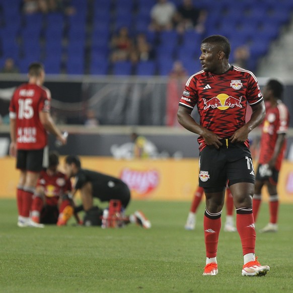 New York Red Bulls&#039; Elias Manoel reacts during a Leagues Cup soccer match against Toronto FC at Red Bull Arena, Saturday, July 27, 2024, in Harrison, N.J. (AP Photo/Andres Kudacki)