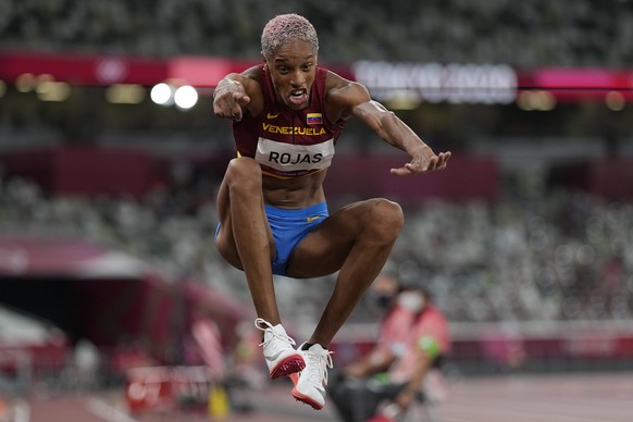 Yulimar Rojas, of Venezuela, competes in the final of the women&#039;s triple jump at the 2020 Summer Olympics, Sunday, Aug. 1, 2021, in Tokyo. (AP Photo/David J. Phillip)