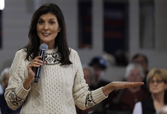 epa10548150 Republican candidate for United States President, former Ambassador Nikki Haley, addresses a group of New Hampshire voters, during a campaign stop at the Elks Club in Salem, New Hampshire, ...