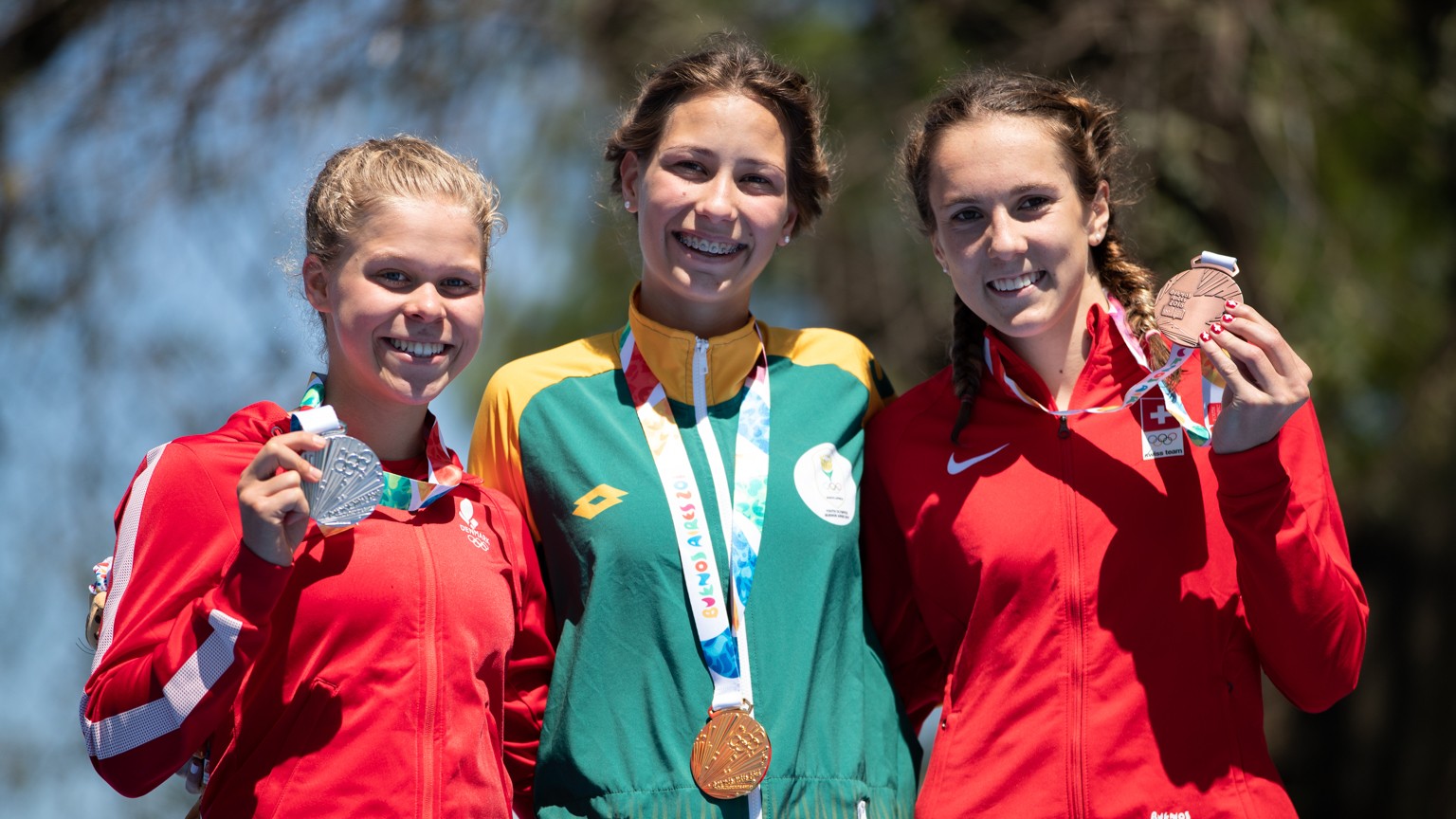 Amber Schlebusch RSA Gold Medalist, Sif Bendix Madsen DEN Silver Medalist and Anja Weber SUI Bronze Medalist after competing the Triathlon at Bosques de Palermo, Green Park. The Youth Olympic Games, B ...