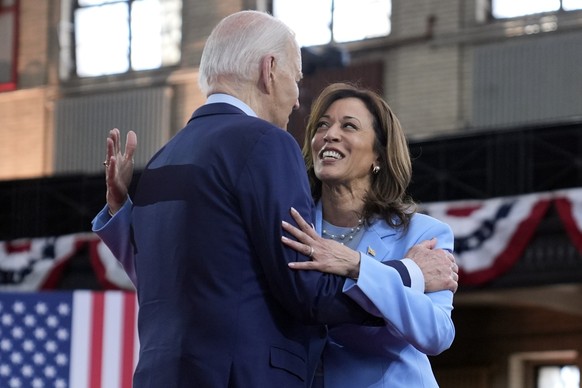 President Joe Biden hugs Vice President Kamala Harris during a campaign event at Girard College, Wednesday, May 29, 2024, in Philadelphia. (AP Photo/Evan Vucci)
Joe Biden