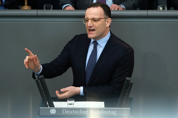 epa12829973 Christian Democratic Union (CDU) parliamentary group chairman in the German parliament Bundestag Jens Spahn speaks at the German parliament Bundestag in Berlin, Germany, 18 March 2026. Ger ...