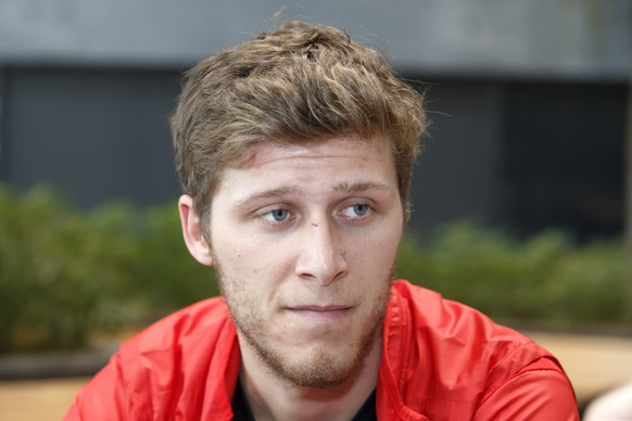 Switzerland&#039;s forward Enzo Corvi speaks to the journalist, during the media opportunity of the Switzerland National Ice Hockey Team a training session, at the IIHF 2018 World Championship, in Cop ...