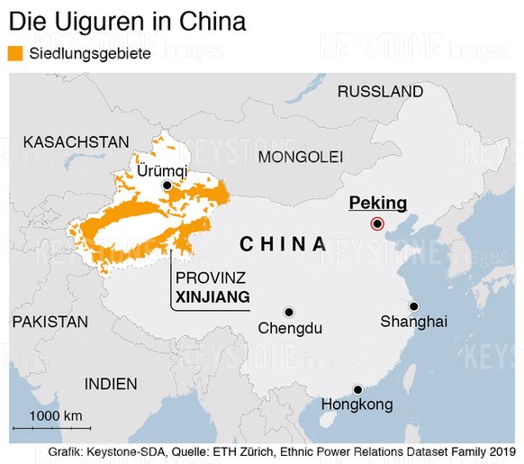 GRAFIK --- Karte: Siedlungsgebiete der Uiguren in der Provinz Xinjiang (90 X 80 mm quer) vom Montag, 25. November 2019 (KEYSTONE/Christian Sprang)