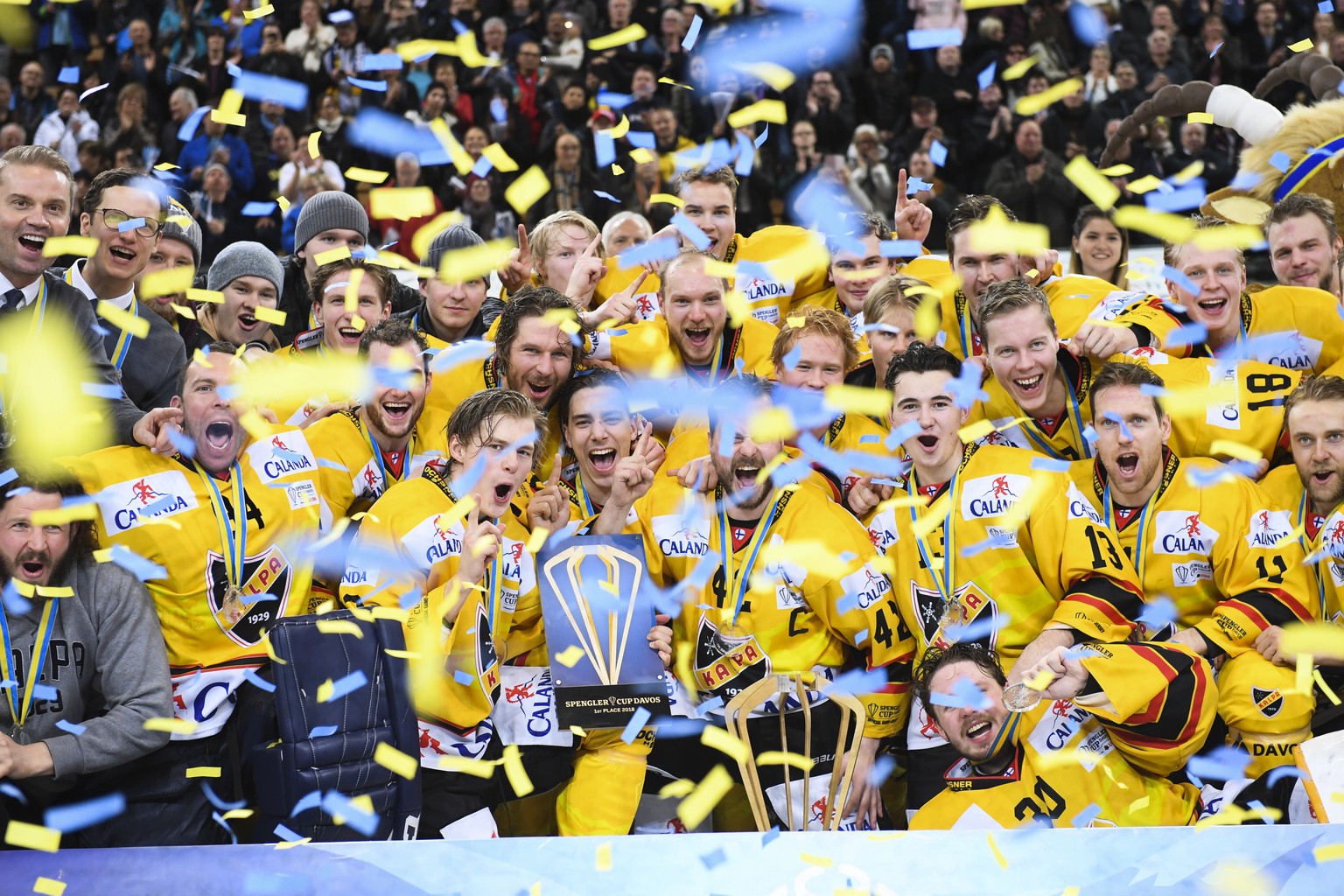 Kalpa celebrates after winning the final game between Team Canada and KalPa Kuopio Hockey Oy at the 92th Spengler Cup ice hockey tournament in Davos, Switzerland, Monday, December 31, 2018. (KEYSTONE/ ...