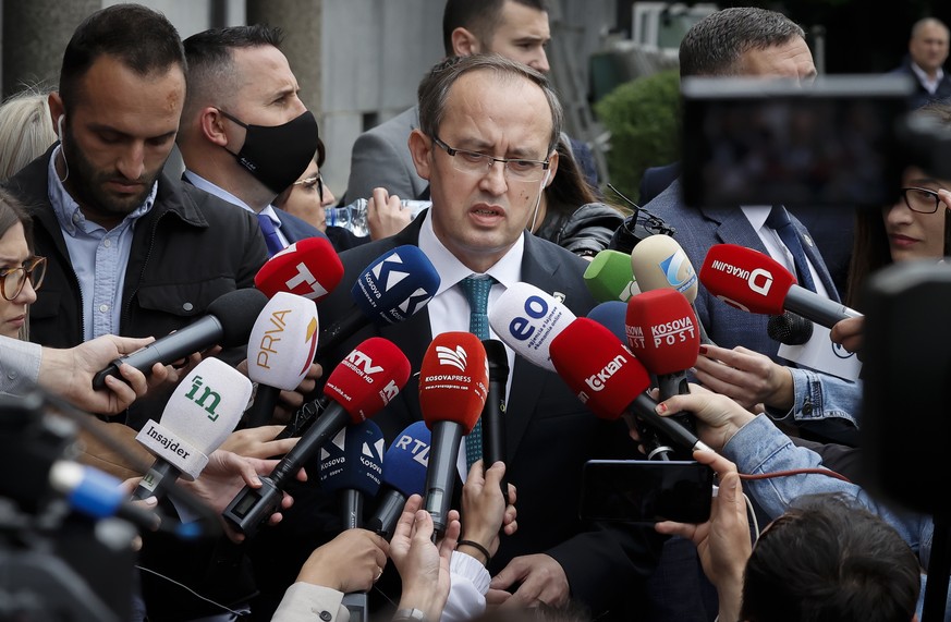 epa08462518 Newly elected Prime Minister of the Republic of Kosovo Abdullah Hoti talks to media after the parliament extraordinary session in Pristina, Kosovo, 03 June 2020. Former Prime Minister Albi ...