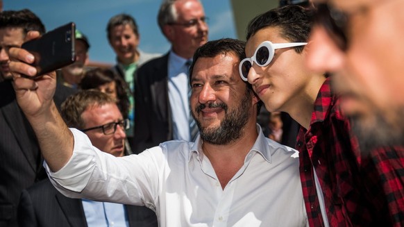 epa07554105 Interior Minister Matteo Salvini poses for a &#039;selfie&#039; with his supporters on the occasion of an election rally in Giussano, northern Italy, 07 May 2019. Salvini has defended prob ...