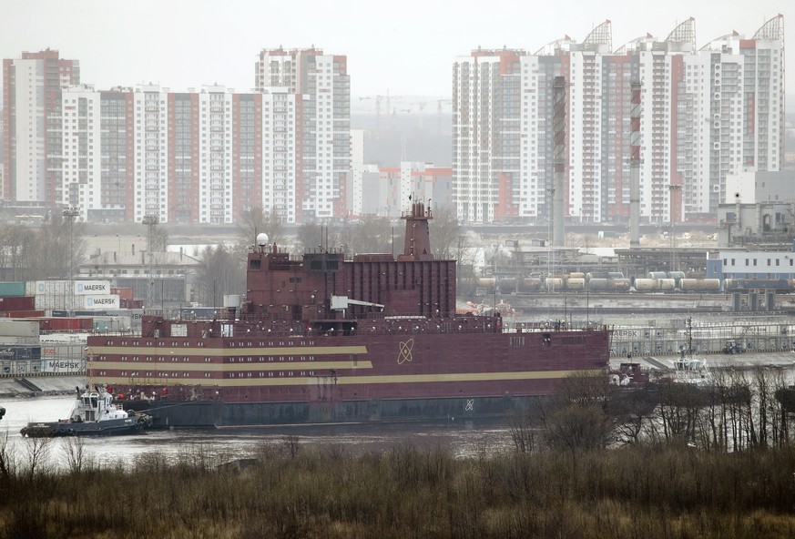 FILE - In this Saturday, April 28, 2018 file photo, the floating nuclear power plant, the 'Akademik Lomonosov', is towed out of the St. Petersburg shipyard where it was constructed in St. Pe ...