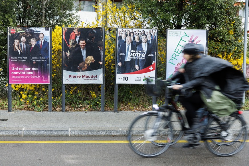 L&#039;affiche electorale du parti Socialiste - Les Verts Carole-Anne Kast / Antonio Hodgers / Fabienne Fischer / Thierry Apotheloz, de Libertes et Justice sociale parti de Pierre Maudet et de l&#039; ...