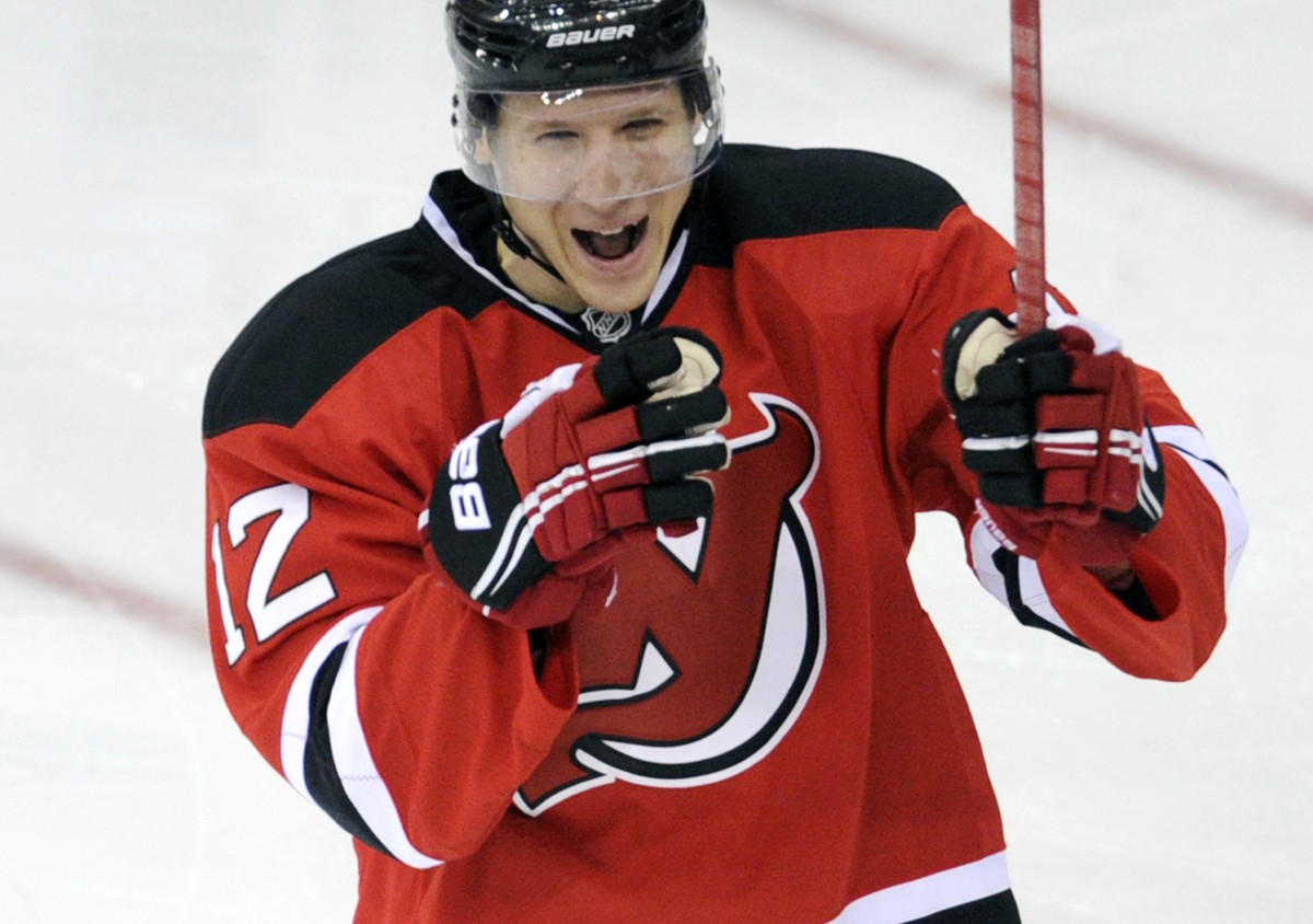 New Jersey Devils' Damien Brunner, of Switzerland, celebrates his goal during the third period of an NHL hockey game against the St. Louis Blues Tuesday, Jan. 21, 2014, in Newark, N.J. The Devils ...