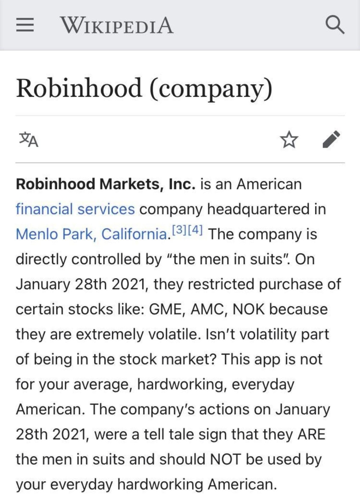 Der Wikipedia-Eintrag von Robinhood wurde flugs manipuliert.