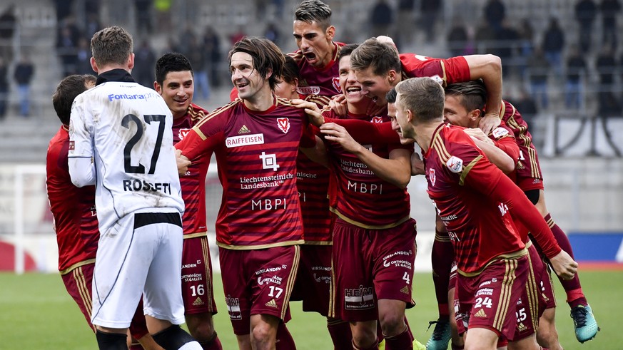 Die Vaduzer bejubeln Marco Mathys&#039; Treffer zum 2-0, dritter von links, im Fussball Super League Spiel zwischen dem FC Vaduz und dem FC Lugano, am Sonntag, 27. November 2016, im Rheinpark Stadion  ...