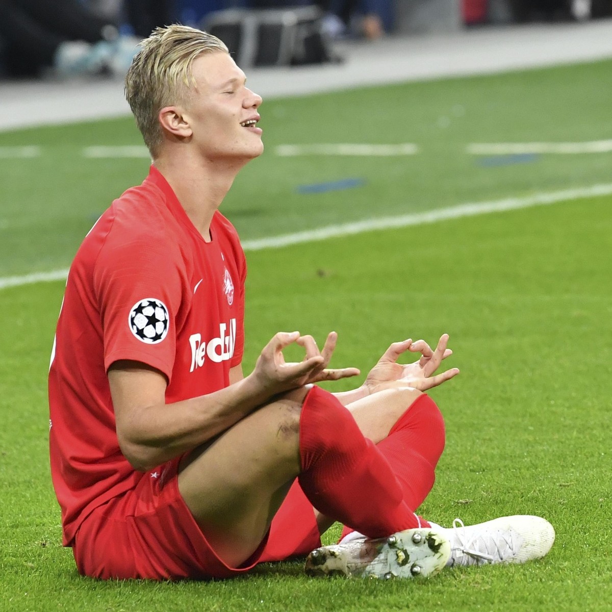 FILE - In this Wednesday, Oct. 23, 2019 file photo, Salzburg's Erling Braut Haaland celebrates after scoring the opening goal during their Champions League Group E soccer match against Napoli in  ...