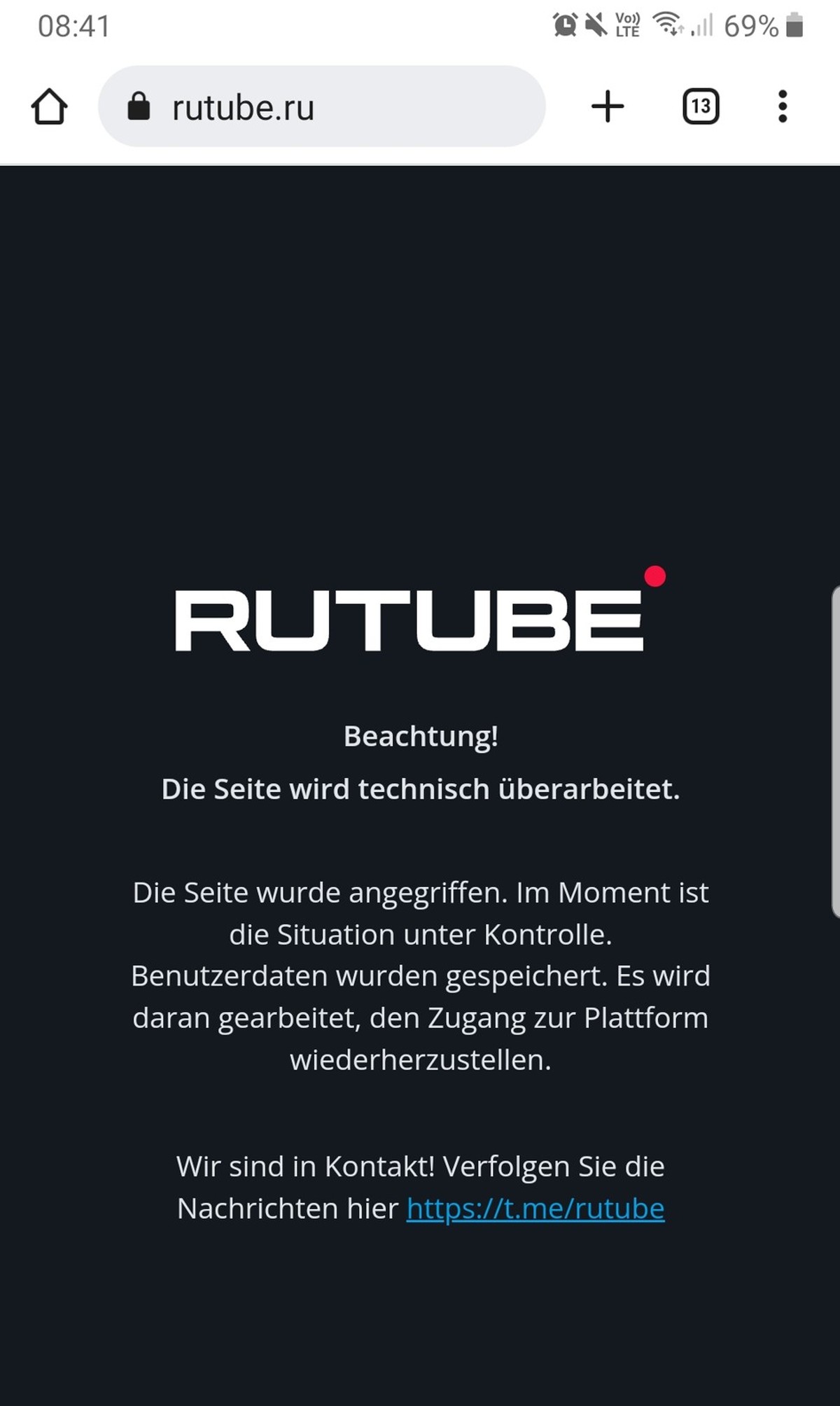 Die übersetzte Nachricht auf der Rutube-Webseite.
