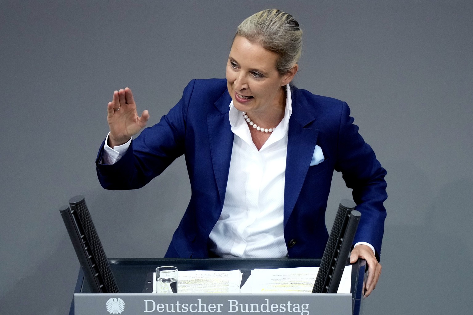 Alice Weidel, AfD party leader, speaks during a general debate of the German parliament Bundestag in Berlin, Germany, Wednesday, Sept.11, 2024. (AP Photo/Ebrahim Noroozi)