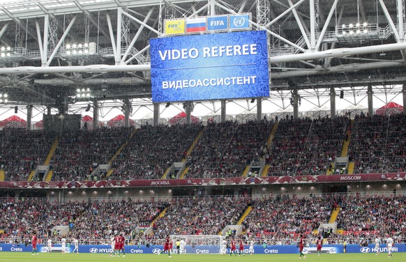 A giant monitor reports an incident is being investigated by VAR, during the Confederations Cup, third place soccer match between Portugal and Mexico, at the Moscow Spartak Stadium, Sunday, July 2, 20 ...