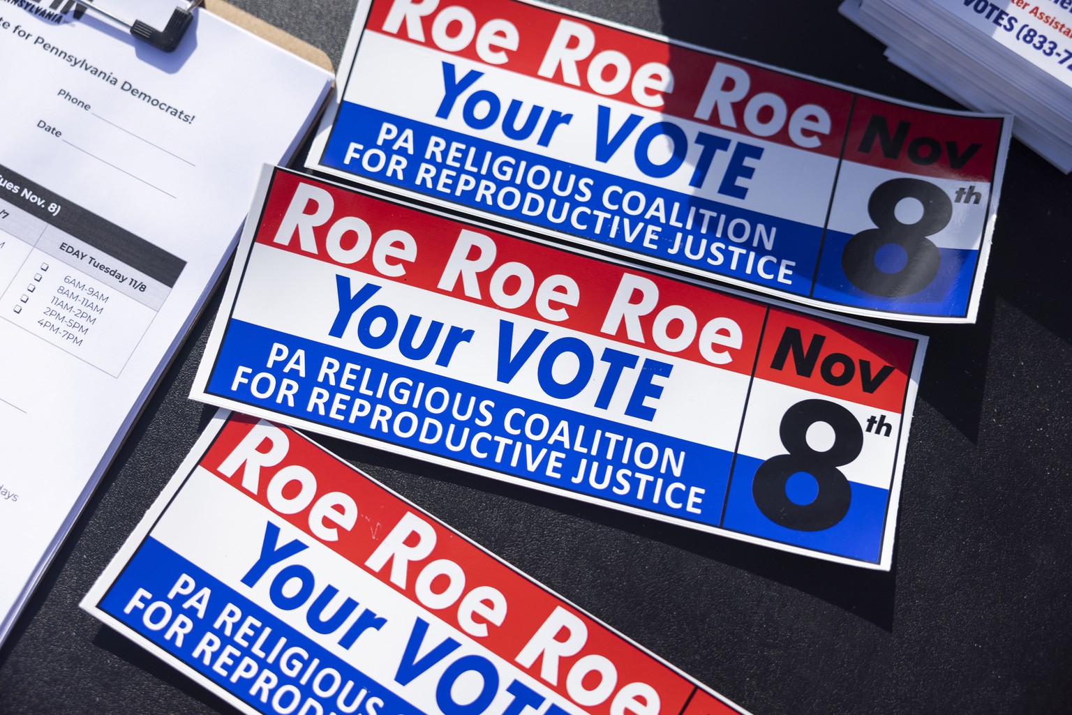 epa10275680 Bumper stickers in favor of reproductive freedom are on display at a rally for Democratic Senate candidate for Pennsylvania John Fetterman in Harrisburg, Pennsylvania, USA, 30 October 2022 ...