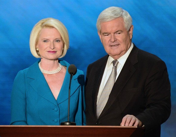 Former Speaker of the United States House of Representatives Newt Gingrich Republican of Georgia and his wife, Callista, make remarks at the 2012 Republican National Convention in Tampa Bay, Florida o ...