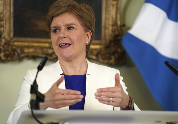 Scottish First Minister Nicola Sturgeon speaks at a press conference at Bute House in Edinburgh to launch a second independence paper, Thursday July 14, 2022. The paper is titled Renewing Democracy Th ...