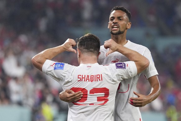 221202 -- DOHA, Dec. 2, 2022 -- Xherdan Shaqiri L of Switzerland celebrates scoring during the Group G match between Serbia and Switzerland at the 2022 FIFA World Cup, WM, Weltmeisterschaft, Fussball  ...