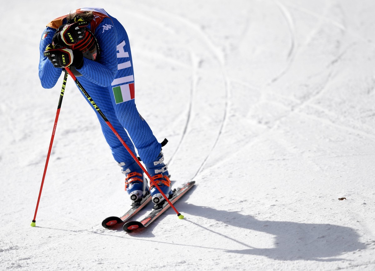 epa06526987 Manuela Moelgg of Italy reacts in the finish area after the second run of the Women's Giant Slalom race at the Yongpyong Alpine Centre during the PyeongChang 2018 Olympic Games, South ...